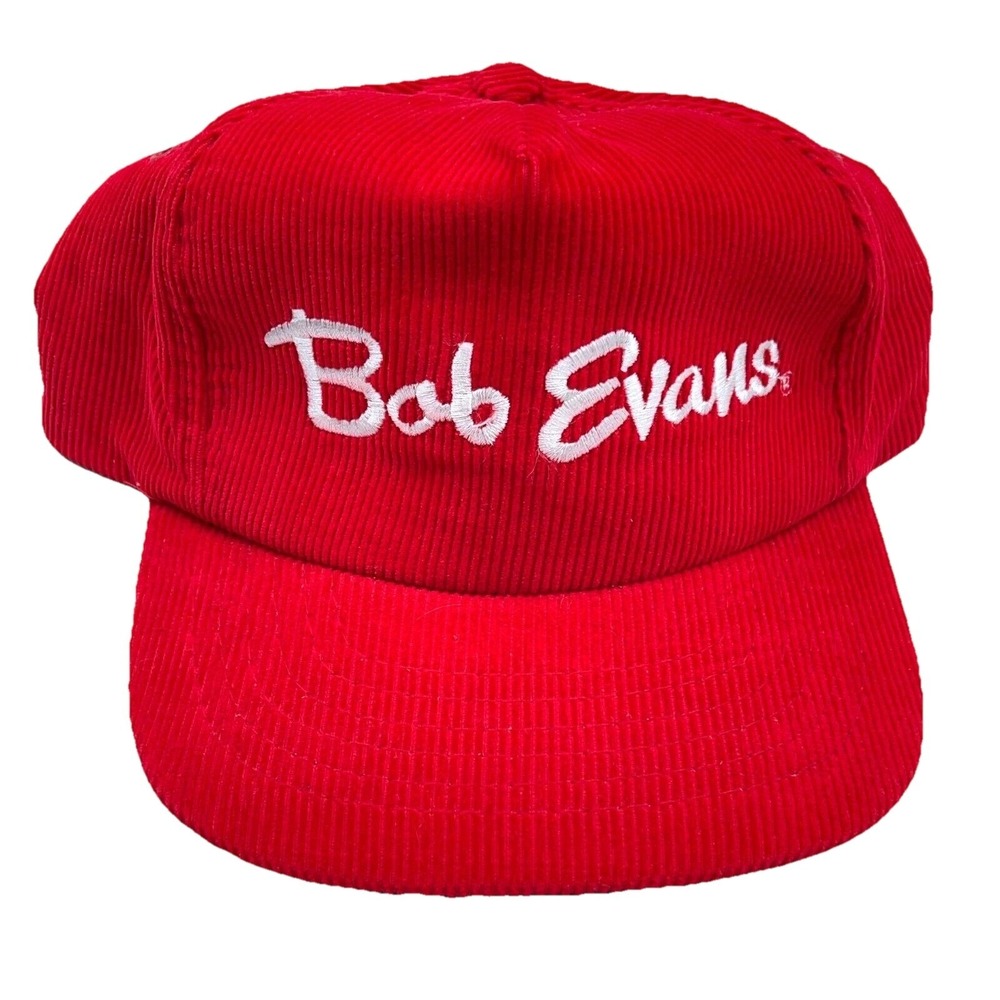Vintage Bob Evans Trucker Hat Cap Snapback Red Corduroy Cord 90s Racing Food